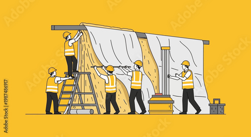 Construction Crew Assembling a Structure With Panels Depicted in Modern Artistic Style