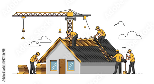 Construction Crew Assembling a Residential House or Building with Crane and Tools