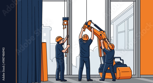 Construction Crew Assembling Excavator Machinery in Modern Building Setting, Illustration