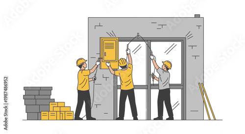 Construction Crew Assembling Electrical Panel And Window Structure On Building Site