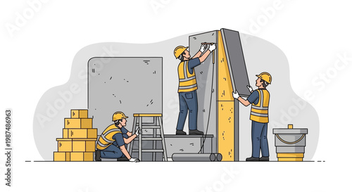Construction Crew Assembling Wall Panels In Detailed Illustration For Architectural Designs