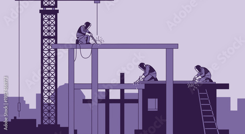 Construction Crew At Work Building A Modern Structure With Welders And Crane in Silhouette