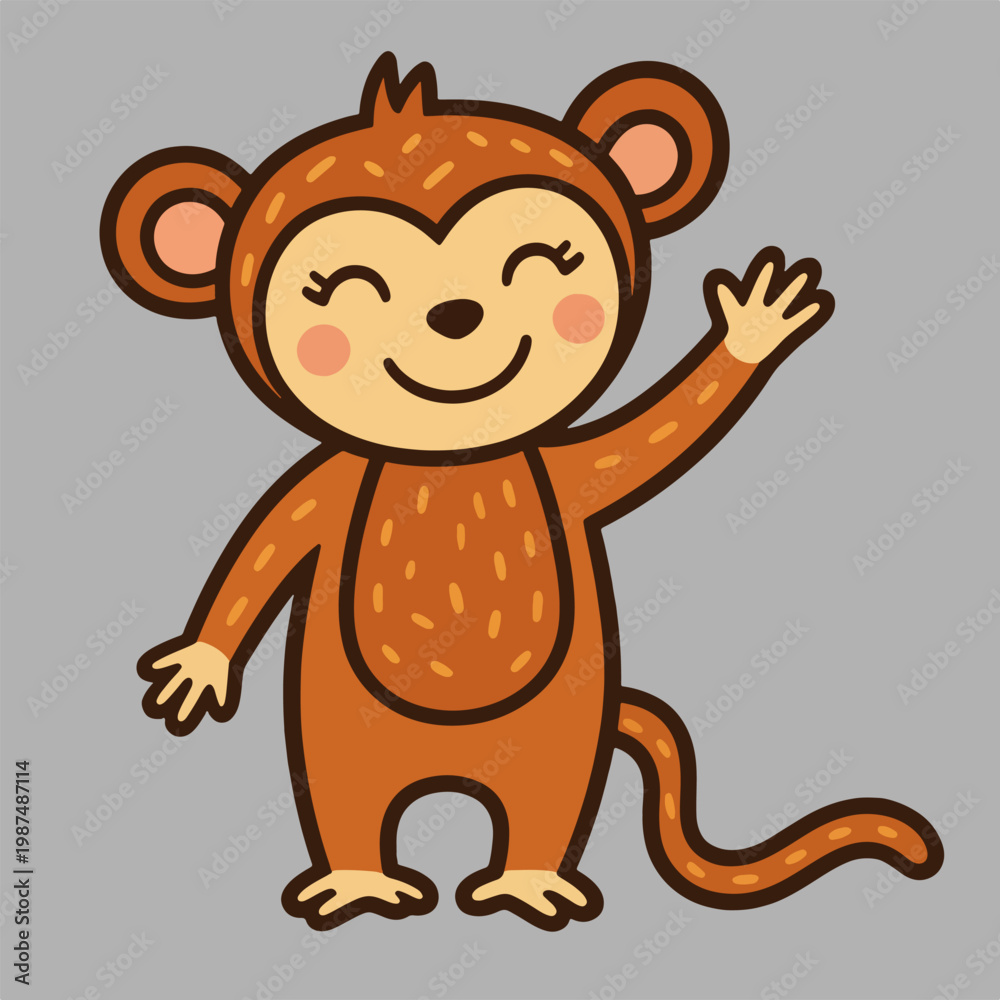 Obraz premium Cute Cartoon Monkey Waving Hello with a Happy Smile.