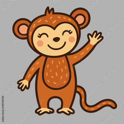 Cute Cartoon Monkey Waving Hello with a Happy Smile.