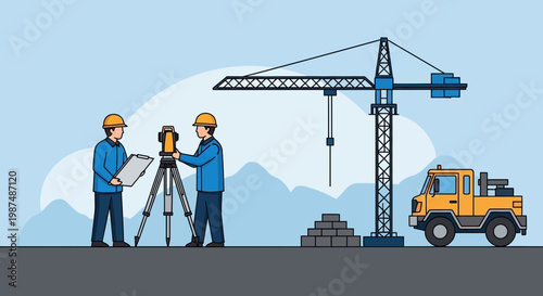 Construction Crew Surveying and Planning a New Building Project with Equipment and Crane