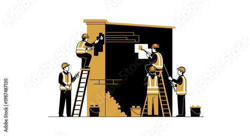 Construction Crew Transforming Building Exterior Illustrated in Geometric Vector Style