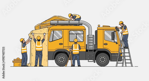 Construction Crew Transforming a Vehicle into a Unique Structure Concept with Yellow Tones