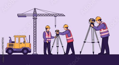 Construction Crew Surveying and Working Together on a Building Site Illustrated