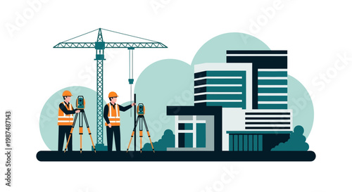 Construction Crew Utilizing Surveying Equipment at Modern Building Site Illustration
