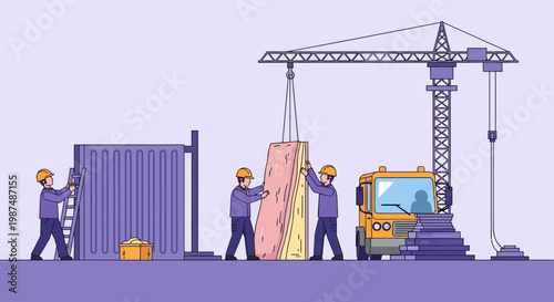 Construction Crew With Crane Assembling Building Material For New Project Progress