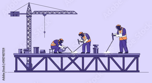 Construction Crew Welding a Steel Structure, Underneath a Tower Crane, Industrial Worksite