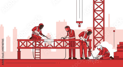 Construction Crew Welding On Site With Red Tones Displaying Modern Industrial Aesthetics