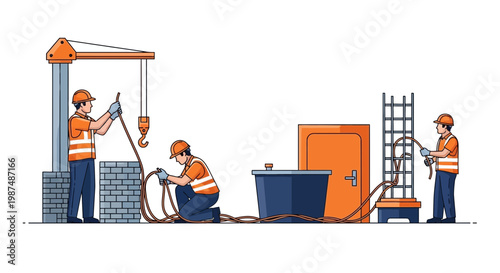 Construction Crew Building Foundation And Erecting Structure With Crane And Support