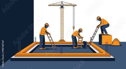 Construction Crew Building Foundation With Crane And Ladders In Modern Illustration Style