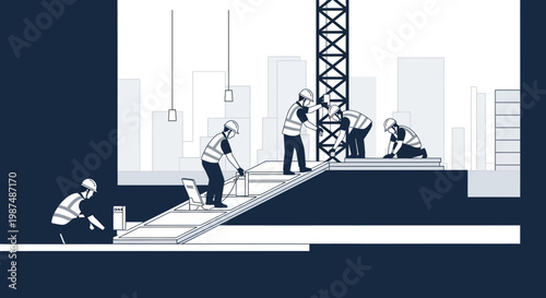 Construction Crew Building Foundation Of Modern Architecture In Urban Metropolis