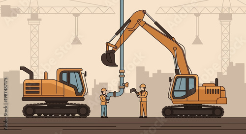 Construction Crew With Excavators Installs a Pipe on a Building Site with Cranes