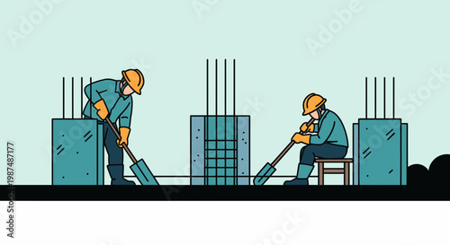 Construction Crew Building Foundation With Shovels, Working on a New Project Illustration