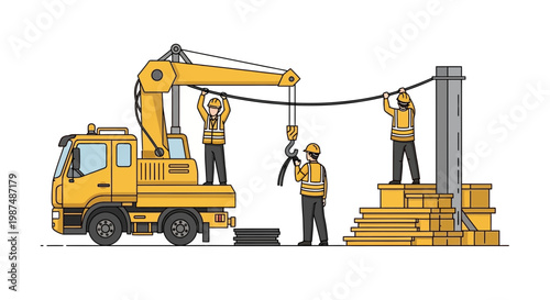 Construction Crew With Crane Assembling Line, Vector Illustration, Isolated on White