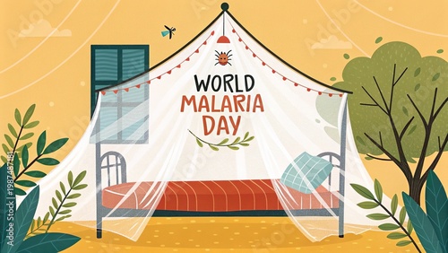 World Malaria Day, Nighttime health concept showing disease prevention and safe sleeping.