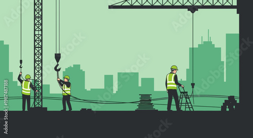 Construction Crew Working At A Building Site With Crane And City Silhouette Background