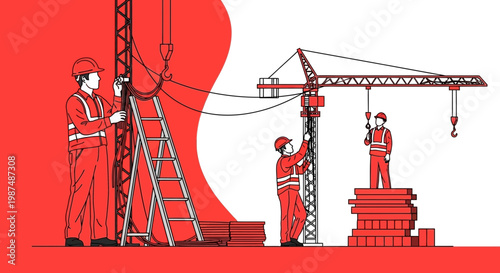 Construction Crew Working Together Constructing A Building With Tower Crane Illustrated Composition