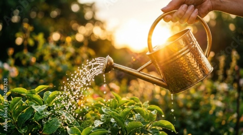 Close Up of Golden Watering Can Sprinkling Water on Fresh Green Leaves