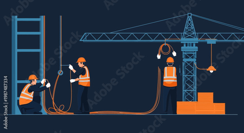 Construction Crew Working Together on a Building Site with Wiring and Crane Illustration
