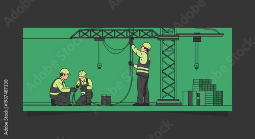 Construction Crew Working Together on a Crane Building Site Vector Illustration
