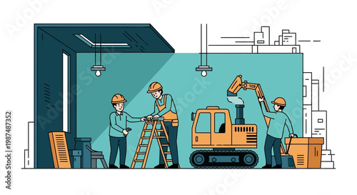 Construction Crew Cooperates to Complete Interior Work and Utilize Heavy Machinery Successfully