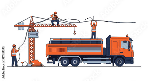 Construction Crew Working Together to Install Cables on Site with a Crane and Truck