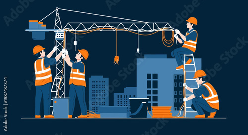 Construction Crew Working Together on Building Project with Crane and Cityscape Elements