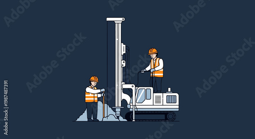 Construction Crew Drilling the Earth for Foundations Illustrated in Minimalist Style