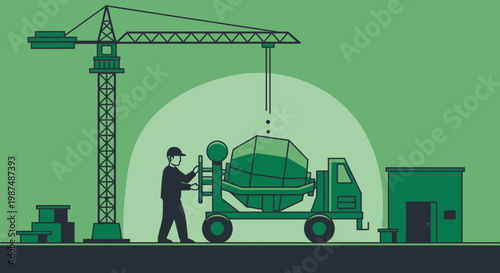 Construction Crew Deploying Concrete in Modern Design with Crane and Building Elements