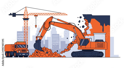 Construction Digging Down, Excavator Demolishing Wall and Crane in Urban Background