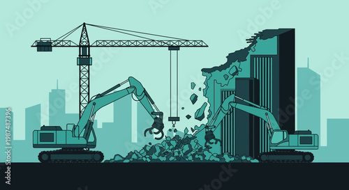 Construction Demolition Abstract Illustration Depicting Destruction and City Development, Blue