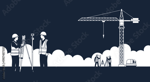 Construction Engineering Team Working on a New Building Project with Crane and Equipment