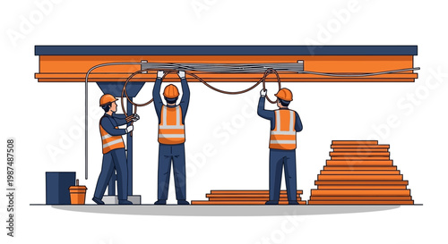 Construction Crew Installing Cables on Large Beam Structure, Working Diligently Together