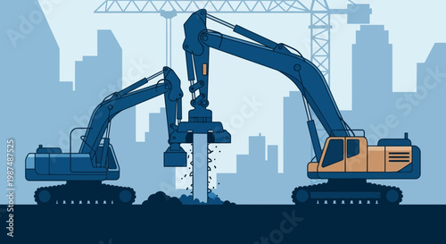 Construction Equipment Working Together In Urban Metropolis During Development Phase