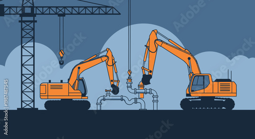 Construction Equipment Working Together to Assemble Pipe Infrastructure Under Cloudy Blue Skies