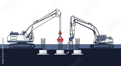 Construction Equipment Working Together to Assemble Foundation Elements in Illustrative Style