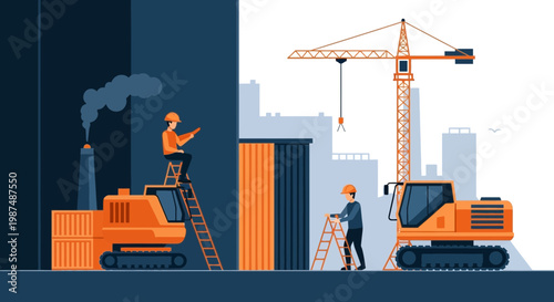 Construction Engineers and Industrial Machinery Working Together on a Construction Site