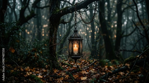 Vintage Lantern Hanging in Dark Foggy Autumn Forest at Night