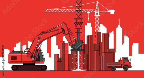 Construction Equipment Working Together to Build a Modern Metropolis Building