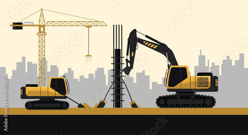 Construction Equipment Working Together to Build a New Structure in an Urban Setting