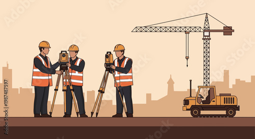 Construction Engineers Measuring Land and Overseeing a Building Site with a Crane to Build
