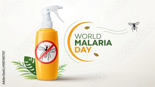 World Malaria Day, Mosquito repellent spray bottle promotes malaria prevention and protection.


