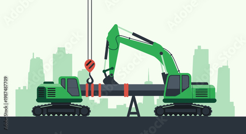 Construction Equipment Working Together to Lift and Position The Industrial Pipeline in The City