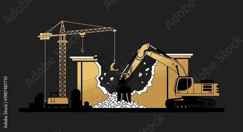 Construction Equipment Demolishing Structure: An Engineering And Architectural Illustration