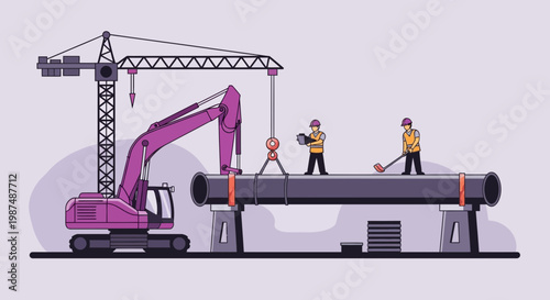 Construction Engineers Working Together to Lift and Position a Giant Pipe with Machinery