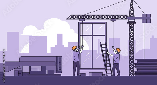 Construction Crew Installing Large Window in a Building with Crane in Cityscape